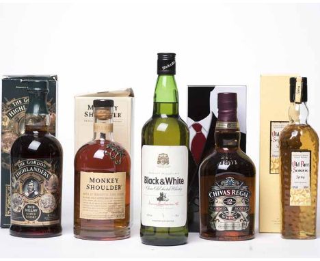 BLACK &amp; WHITE Blended Scotch Whisky by James Buchanan, labelled Singapore Duty Not Paid. 75cl, 43% volume. CHIVAS REGAL 1