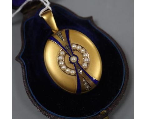 A Victorian yellow metal, rose cut diamond, enamel and split pearl set oval locket, 43mm excluding the bale, gross weight 37 