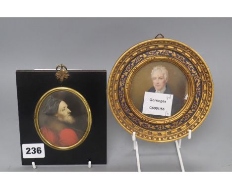 Two 19th century portrait miniatures on ivory, 14 and 14.5cm including frames