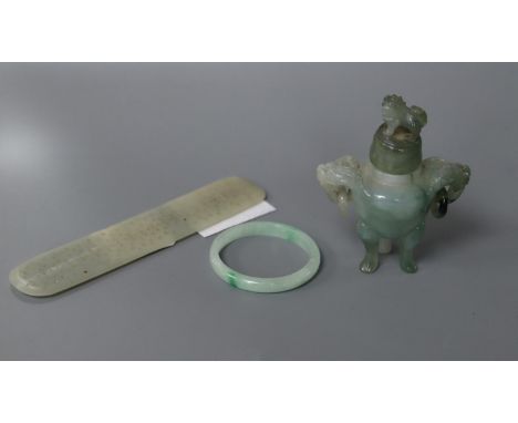 A Chinese pale celadon jade plaque, a jadeite censer and a bangle, largest 12.5cm