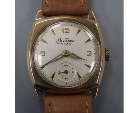 A gentleman's 1950's 9ct gold Bentima Star manual wind wrist watch, on later associated leather strap.CONDITION: Case diamete