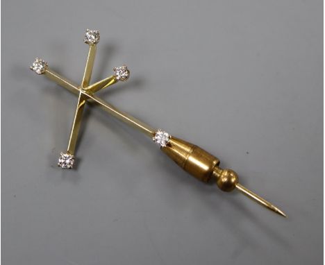 A 20th century yellow metal and diamond set 'Southern Cross constellation' stick pin, 57mm, gross 4.9 grams.CONDITION: Overal