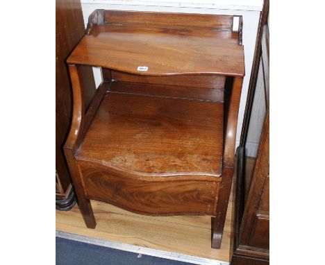 A George III mahogany serpentine commode, W.58cm D.50cm H.80cm Condition: All surfaces scratched and marked, the front has lo