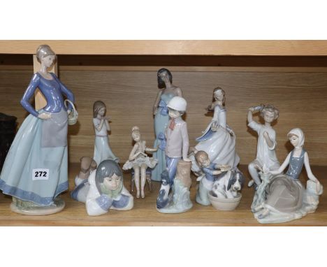 A quantity of Lladro and Nao (10)CONDITION: Seated ballerina figure has chips to skirt, boy with seated dog has a chip to the