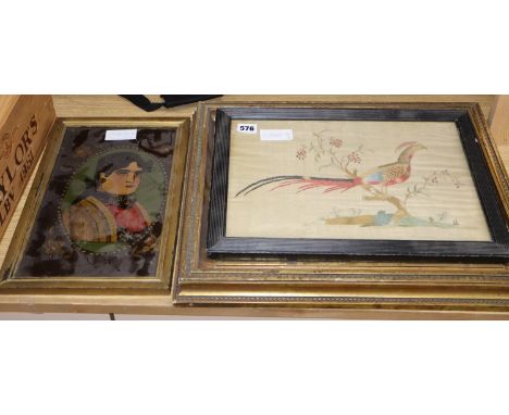 A reverse painted glass panel, portrait of a gentleman, 31 x 18.5cm, a George III silkwork depicting a pheasant, 24 x 36cm an