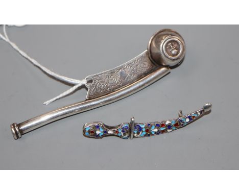 A modern 925 bosun's call, 10.2cm and a white metal and cloisonne enamel dagger brooch, 65mm, gross 27 grams.CONDITION: Both 
