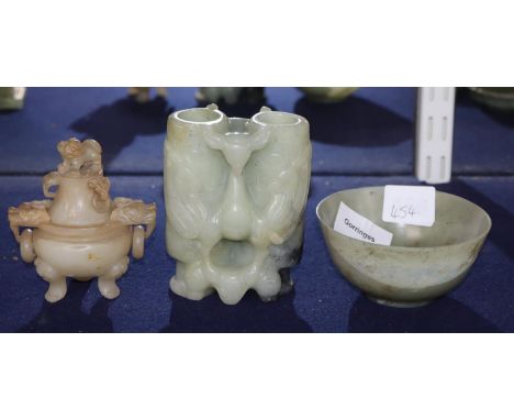 A Chinese jade 'champion' vase, a jade censer and cover and a green stone bowl, tallest 10cm