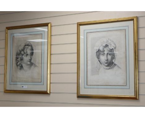 19th century English School, pair of stipple engravings, Portraits of young ladies, 50 x 38cmCONDITION: Ground paper off colo