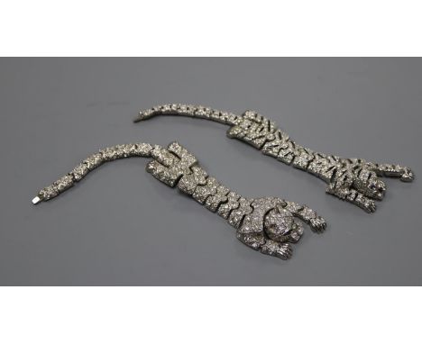 Two, two colour paste set panther bracelets in the manner of Count Alexander Von Beregshasy, one set with paste and black ena