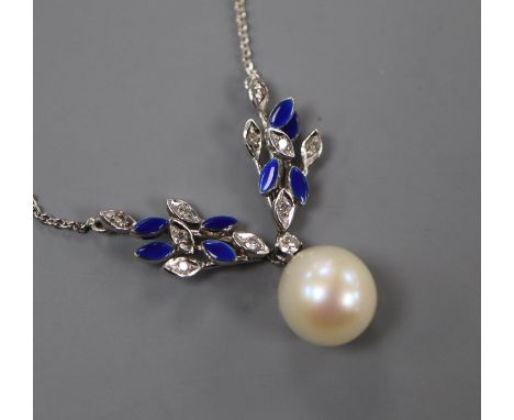 A modern white metal, cultured pearl, diamond and blue enamel set drop pendant necklace, pendant 31mm, chain 37cm, gross 6.3 