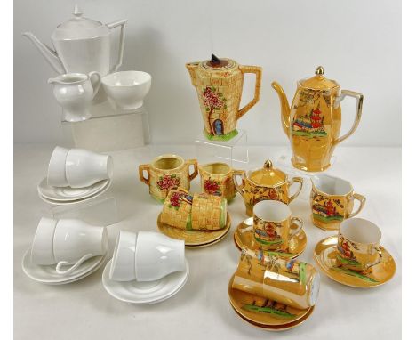 3 assorted vintage ceramic coffee sets. A 6 setting white ceramic coffee set, a 4 setting vintage Klimax, Japan orange lustre