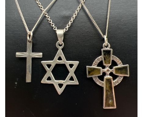 3 silver necklaces. An agate set Celtic cross on an 18" curb chain, a Star of David pendant on an 18" belcher chain and a sma