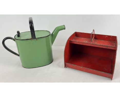 A vintage small green and black enamel watering can together with a red painted vintage metal desk tidy by Worcester Ware. Wa