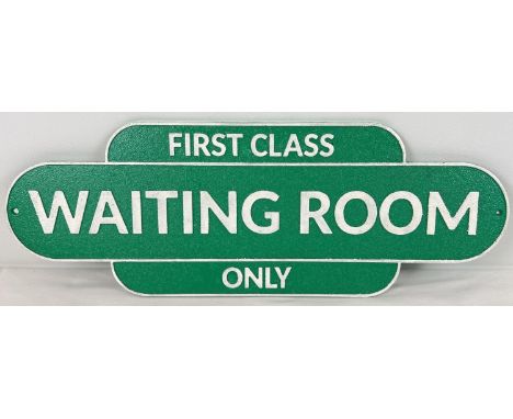 A green &amp; white painted cast iron First Class Waiting Room Railway sign. Approx. 21cm x 59.5cm. 