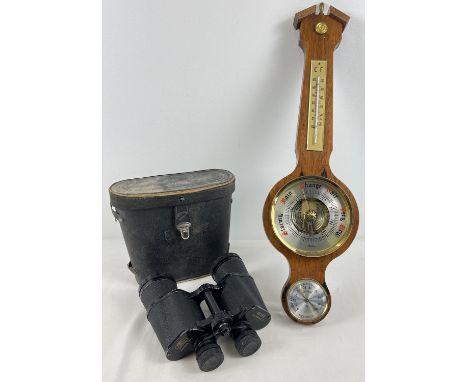 A vintage Fischer barometer together with a pair of cased Mark Scheffel binoculars. A dark wood framed wall hanging barometer