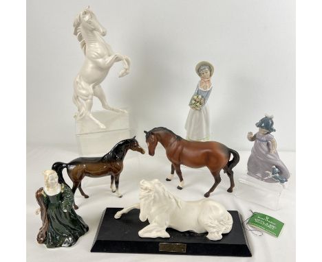 A collection of assorted ceramic horse and lady figurines, mostly a/f. 4 Royal Doulton &amp; Beswick horses together with a C