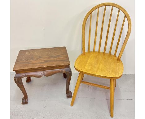 A vintage mahogany stool with carved dragon detail to legs and shaped feet. Together with a mid century Ercol style light woo