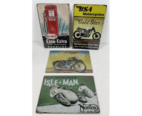 4 automobile related tin advertising signs, as new in sealed packaging. Comprising: Triumph &amp; BSA Motorcycles, Norton Isl