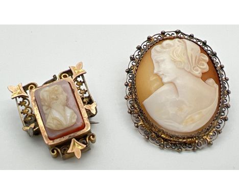 2 antique cameo brooches. An oval cameo in a pierced work mount with safety chain, marked 830 to back. Together with a square