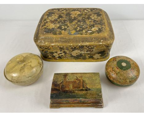 4 vintage Papier Mache and wooden trinket boxes. A large lidded Kashmiri box in gold with floral and bird decoration. Lots al