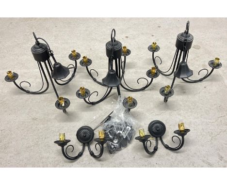 A black 5 arm Gothic style modern ceiling light together with 2 matching 3 arm ceiling lights and 2 wall lights. Each ceiling