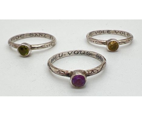 3 silver stacking rings with engraved detail to outside of band and each set with a single gemstone - citrine, peridot and am