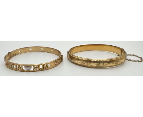 2 rolled gold bangles. A half floral engraved bangle with push clasp and safety chain marked 9ct rolled gold. Together with a