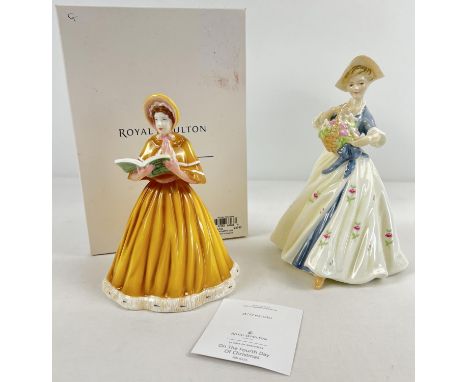 A Boxed Royal Doulton ceramic figurine together with an unboxed Royal Worcester figure. "On the Fourth Day of Christmas" mode