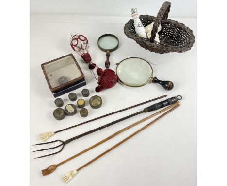 A box of mixed vintage items. To include back scratchers, small watch makers component boxes, magnifying glasses, a novelty h