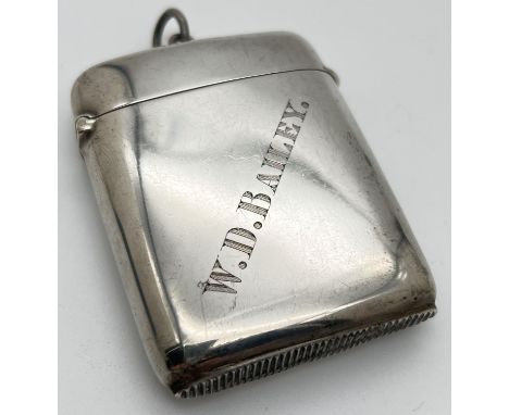 A large Edwardian silver vesta case with hinged lid and engraved name to front. Fully hallmarked for Birmingham 1906 to inner