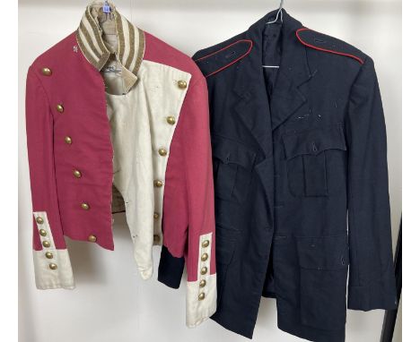 2 vintage military style short jackets. A red and cream felt jacket with brass buttons, marked County Drama Wardrobe, togethe