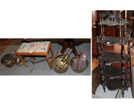 A Victorian whatnot; an Arts &amp; Crafts fire curb; brass wares; carriage lamp etc 