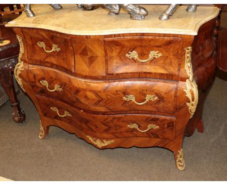 A reproduction bombe commode in the Louis XV style, with marble top, 134cm by 56cm, 96.5cm high 