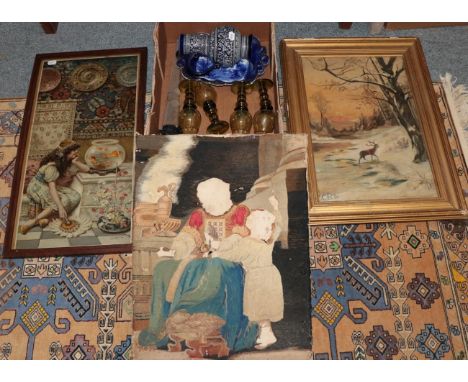 Miscellaneous group, including a 19th century cross stick figural panel (a.f.); a parasol and sleeve; a print after W.S. Cole