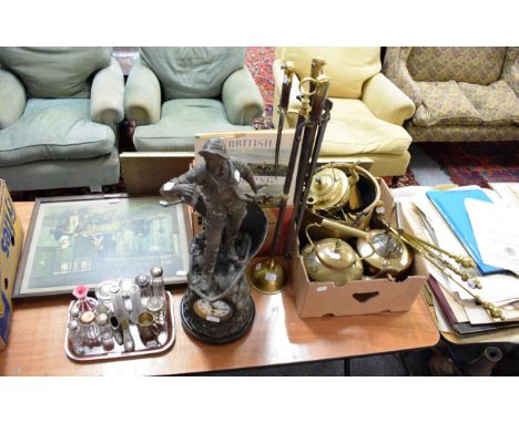 Various silver topped and other dressing table jars, a box of brass including kettles and fireside implements, a figural spel