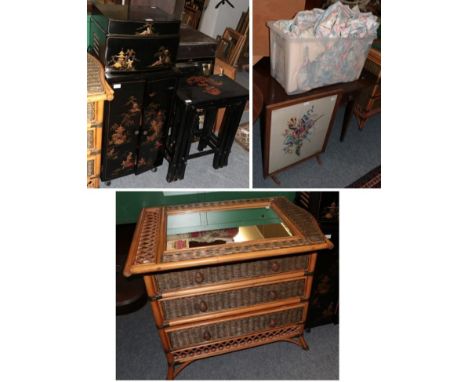 Needlework firescreen, drop-leaf table; wicker framed mirror with matching chest of drawers; curtains; and four pieces of mid