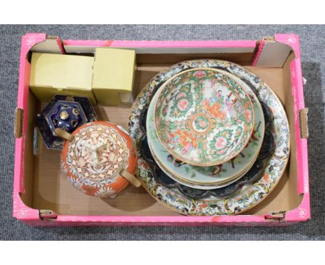 Five various celadon famille rose dishes, seal marks; two censers, a scalloped cloisonne dish, and three more (11).  Cloisonn