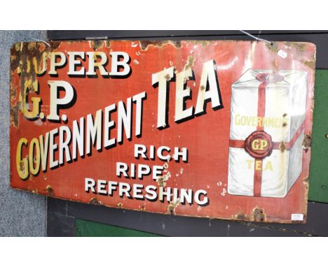 G P Covernment tea enamel advertising sign 'Superb ... rich, ripe, refreshing' white/black lettering on red ground with picto
