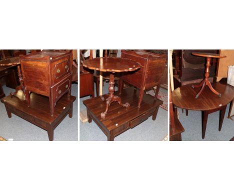 A 19th century mahogany commode; a 1920s pie crust topped tripod table; modern coffee table; reproduction occasional table; a