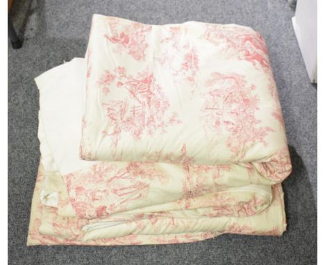 A pair of pink and white toile curtains and a centre panel, 7ft (214cm) drop