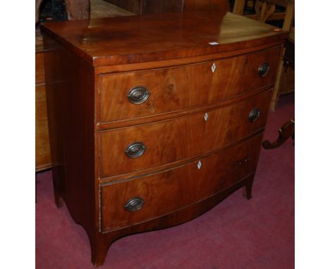A mid-19th century mahogany bowfront chest of three long drawers, on splayed bracket supports, w.89cm 