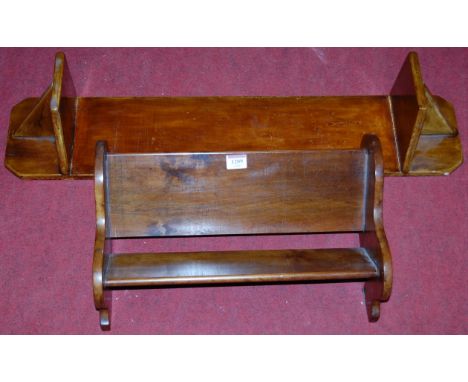 A small walnut table top book trough, together with a similar walnut wall shelf (2)