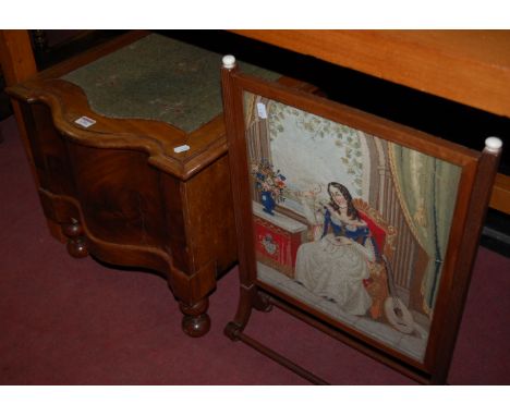 A Victorian mahogany serpentine front hinge-top commode stool; together with a tapestry inset table-top screen (2) 