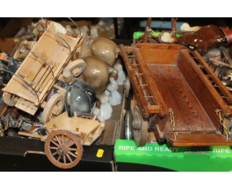 TWO TRAYS OF ASSORTED CERAMIC HORSE AND CART FIGURES