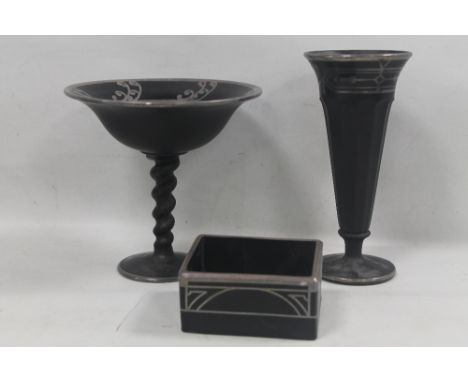 A WHITE METAL INLAID TRUMPET VASE SIGNED TO BASE TOGETHER WITH A SIMILAR BARLEYTWIST STEMMED BOWL AND A TRINKET POT (3)