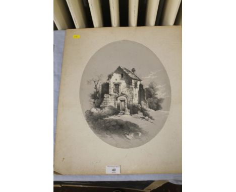 A UNFRAMED MOUNTED OVAL PENCIL SKETCH OF A COUNTRY STONE BUILT COTTAGE
