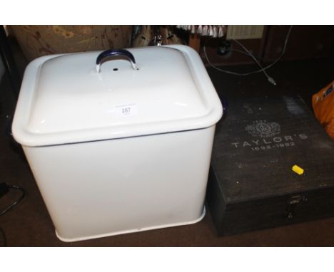 A VINTAGE TAYLORS PORT BOX TOGETHER WITH AN ENAMEL BREAD BIN 