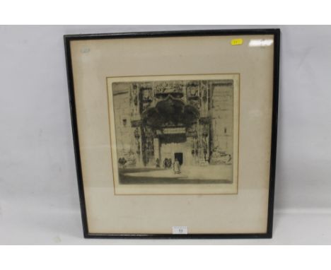 A FRAMED AND GLAZED PORTRAIT ENGRAVING DEPICTING A ENTRANCE TO AN ANCIENT TEMPLE