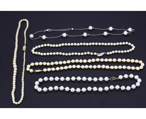 Five pearl necklaces, longest L. 47cm. One clasp A/F.