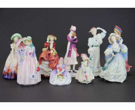 A group of seven Royal Doulton porcelain figurines of ladies (Philippa with box), together with a Coalport and Goebel figurin